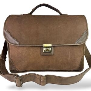 Vintage Brown Leather Briefcase Messenger Shoulder Bag Multi Pocket Accordion